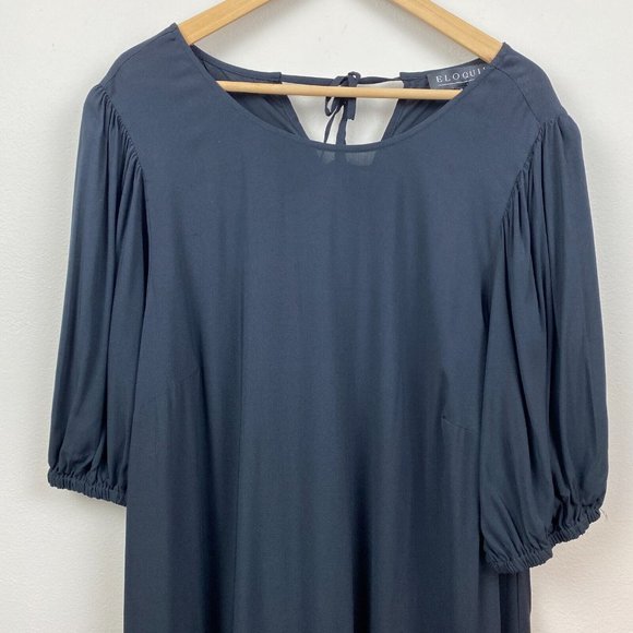 Eloquii Dress 18 Black Shift Tunic Puff Sleeve Lightweight Tie Back Plus New NWT - Picture 2 of 11